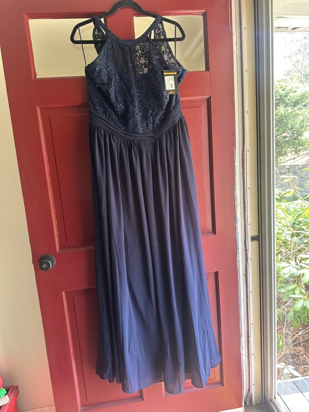 Miusol Navy Beaded Halter Maxi Dress with Lace Bodice